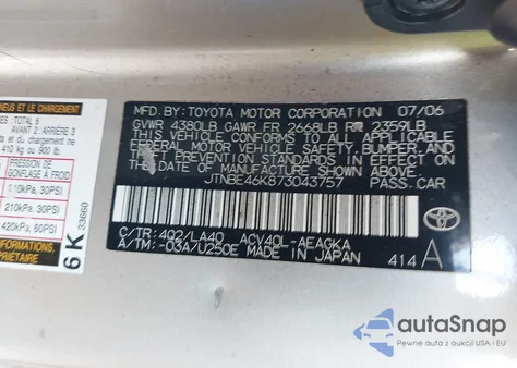 2007 Toyota Camry Xle z USA, uszkodzony, nr VIN JTNBE46K873043757